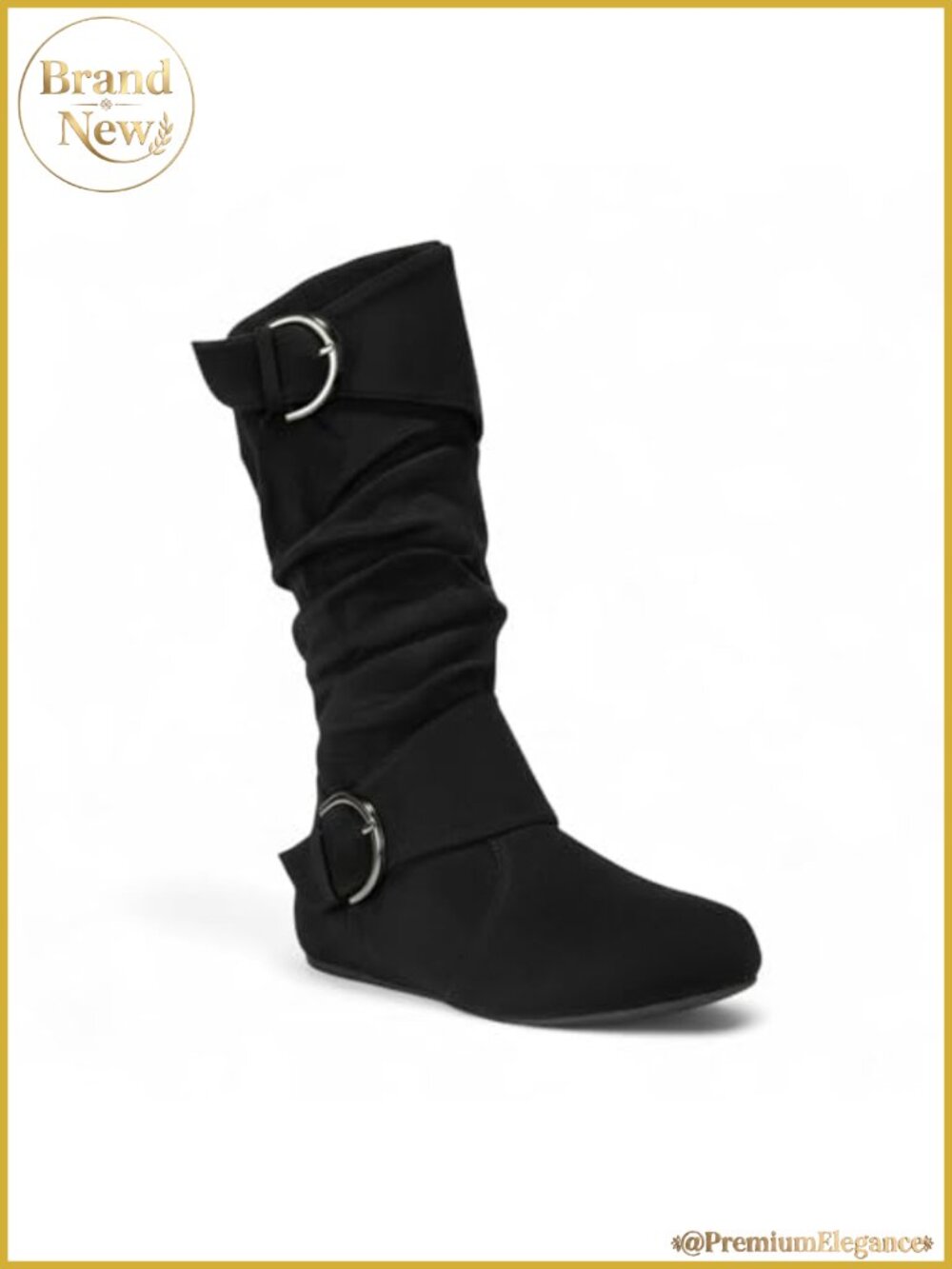 Women's Mid-Calf Boots with Buckle and Side Zip, Low Heel, Slouch Flat,